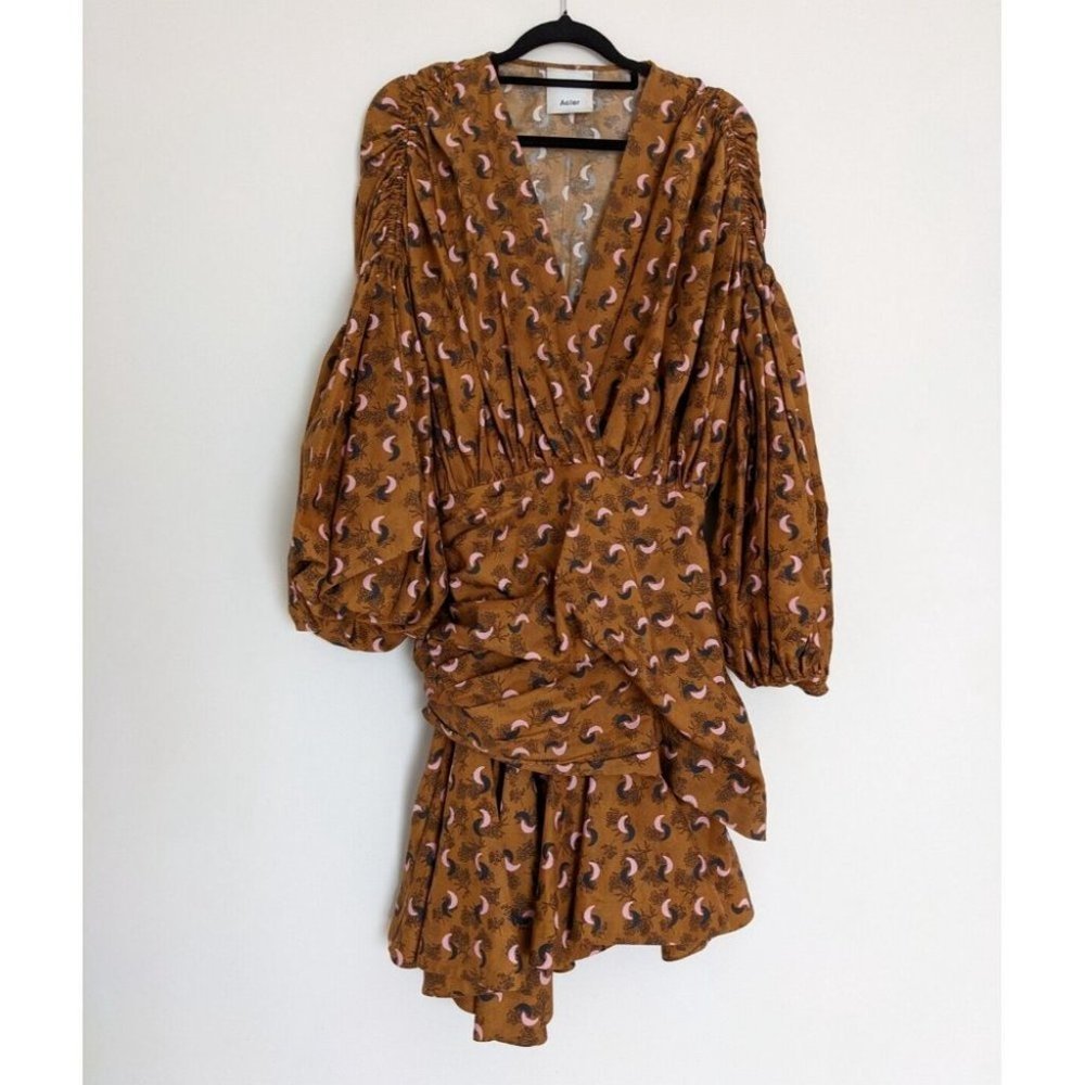 Acler Dorset Mini Dress Long Puff Sleeves Rouched Silk Blend Brown Pink Size 8 - Picture 4 of 10